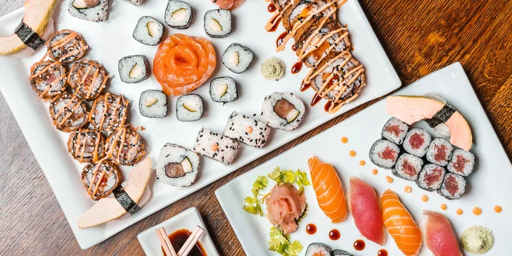 Set s 18 až 58 kousky sushi: sashimi, maki i nigiri s rybami, krevetami a zeleninou