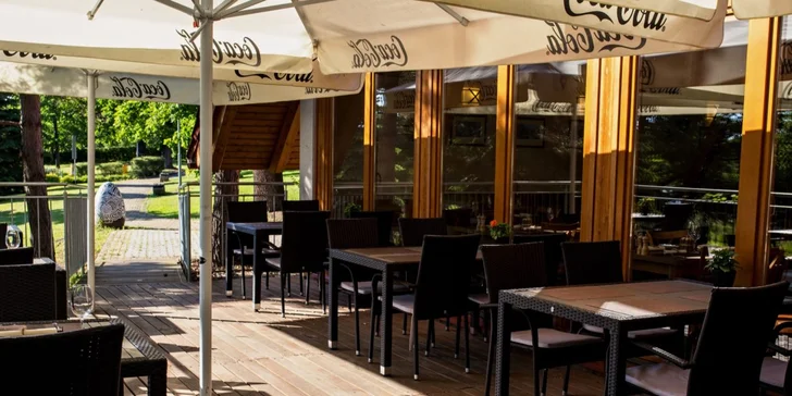 Čtyřchodové menu v Lovecké Chatě na Hluboké pro dva: hřbet z muflona, kulajda i bažantí roláda a cheesecake