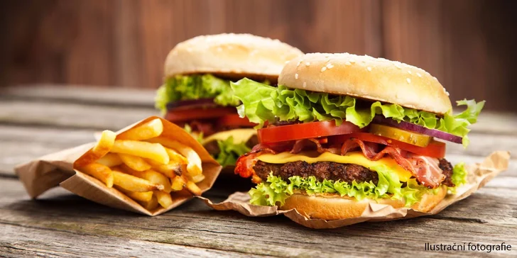 2× burger menu s sebou: 150 nebo 300 g masa, hranolky i obal k odnosu z Poruby až domů