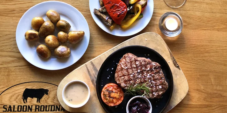 500g argentinský rump steak s přílohou i lahev červeného vína pro 2 osoby
