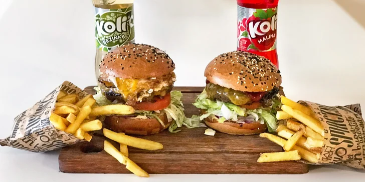 Burger podle výběru z 5 druhů, hranolky a limonáda pro 1 nebo 2 osoby