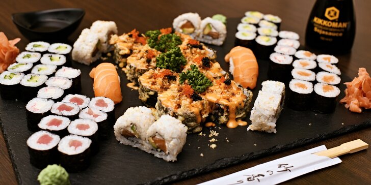 Rolované dobroty: sushi sety 24–58 ks s lososem, tuňákem i krémovým sýrem