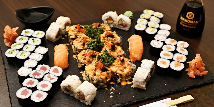 Rolované dobroty: sushi sety 24–58 ks s lososem, tuňákem i krémovým sýrem