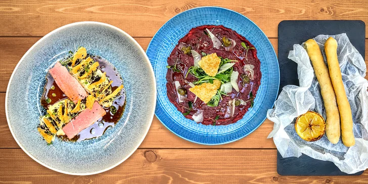 Tříchodové menu pro 2 osoby: hovězí carpaccio, panenka sous-vide a domácí tiramisu