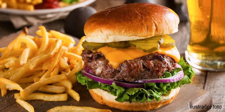 Hovězí burger se slaninou a čedarem, hranolky pro 1 i 2 osoby
