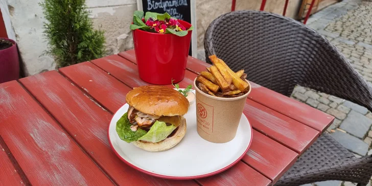 Burger s hovězím, trhaným krůtím nebo vege a hranolky pro 1 osobu