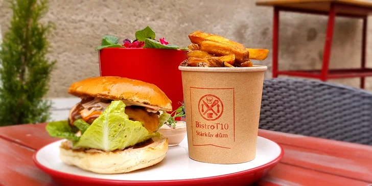 Burger s hovězím, trhaným krůtím nebo vege a hranolky pro 1 osobu
