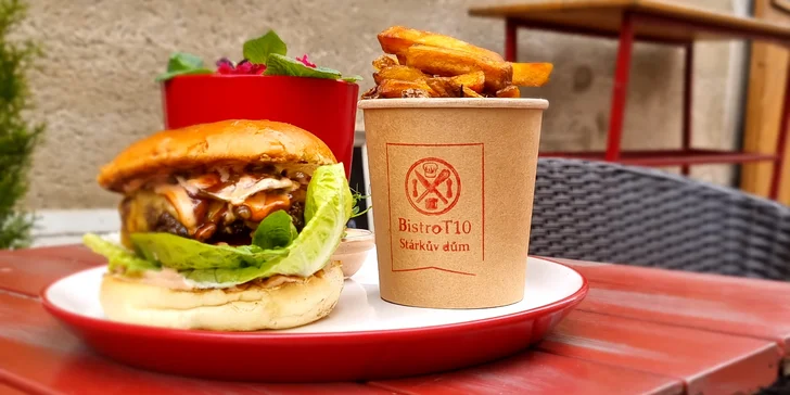Burger s hovězím, trhaným krůtím nebo vege a hranolky pro 1 osobu