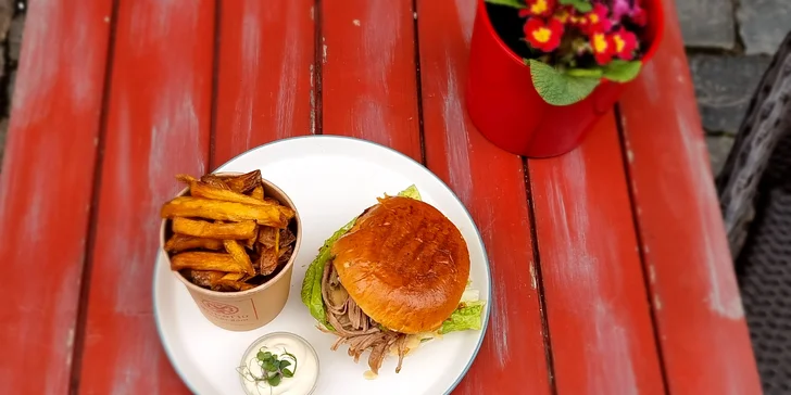Burger s hovězím, trhaným krůtím nebo vege a hranolky pro 1 osobu