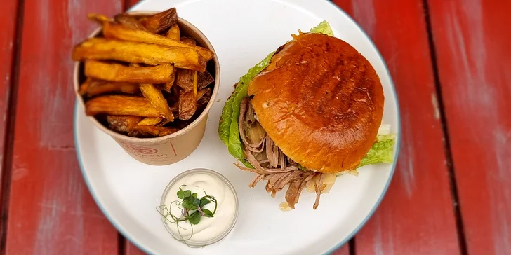 Burger s hovězím, trhaným krůtím nebo vege a hranolky pro 1 osobu