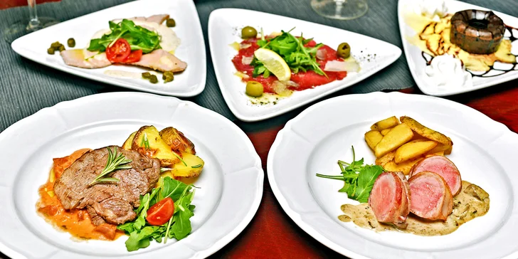 5chodové středomořské menu pro 2 osoby: carpaccio, flank steak, panenka i semifreddo