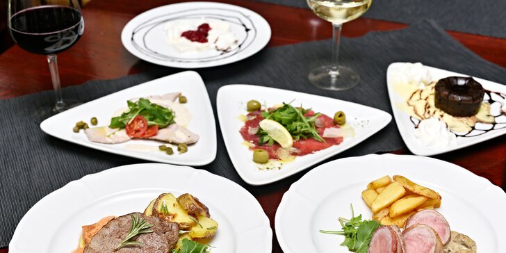 5chodové středomořské menu pro 2 osoby: carpaccio, flank steak, panenka i semifreddo