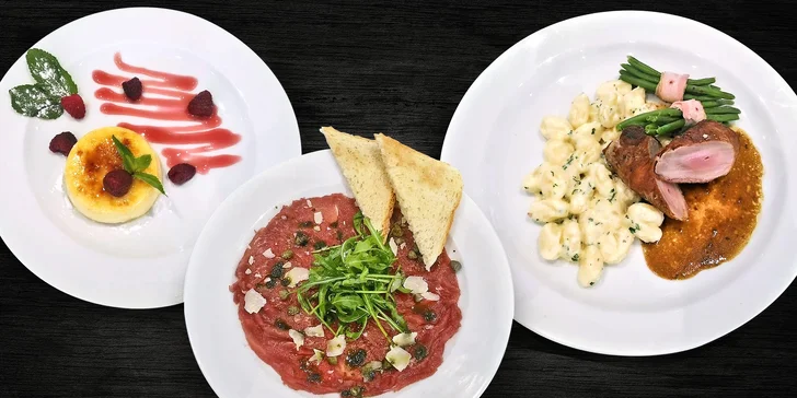 Tříchodové menu pro dva: carpaccio, panenka v prosciuttu a crème brûlée