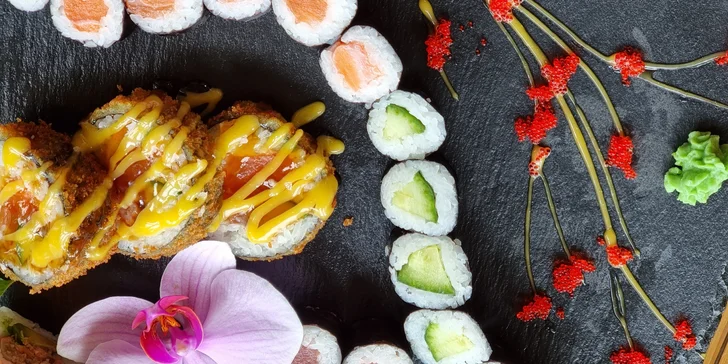 Pestré sety až 64 ks sushi s rybami i zeleninou a k tomu kimchi