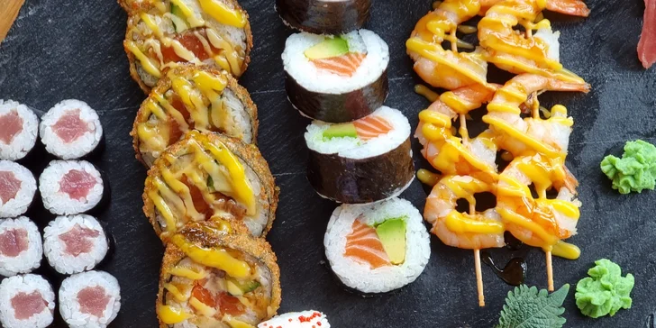 Pestré sety až 64 ks sushi s rybami i zeleninou a k tomu kimchi