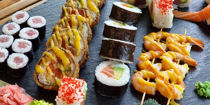 Pestré sety až 64 ks sushi s rybami i zeleninou a k tomu kimchi