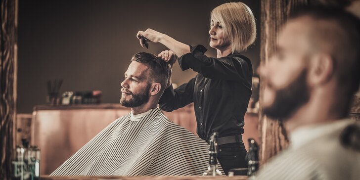 Barber shop v centru Prahy: střih, holení břitvou i barvení vousů, masáž hlavy a maska