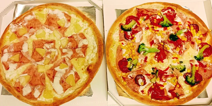 Dvě pizzy o průměru 45 cm s osobním vyzvednutím na provozovně