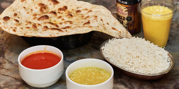 Indické degustační menu pro dva: polévka, butter chicken, dal a masala i lassi či zázvorové pivo