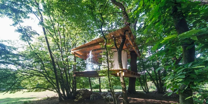 Romantika s výhledem na ovčí pastvu: treehouse s krásným krbem jen pro vás dva