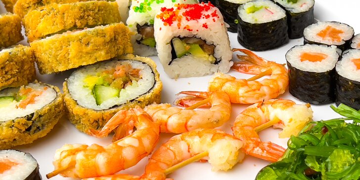 Japonské sushi: set s 28–75 kousky s lososem, avokádem, tuňákem i krevetami