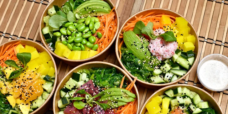 Havajské poke bowl na odnos s sebou: losos, krab, tofu i mango orange, pro 1-2 os.