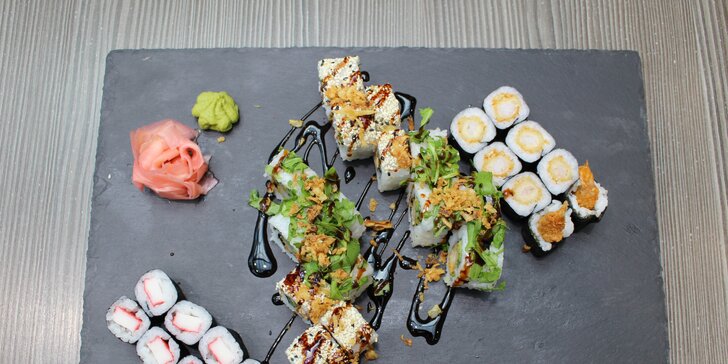 Pestré sety 21–76 ks sushi: vege i s rybami či krabem nebo chobotnicí