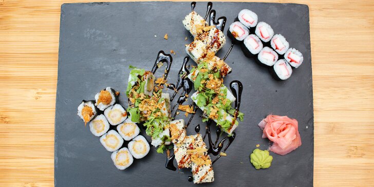 Pestré sety 20–76 ks sushi: vegetariánské i s rybami, krabem nebo chobotnicí