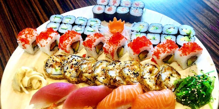 Sushi sety s 40–68 ks: rolky s lososem, krabem i tuňákem, krevetami nebo vege