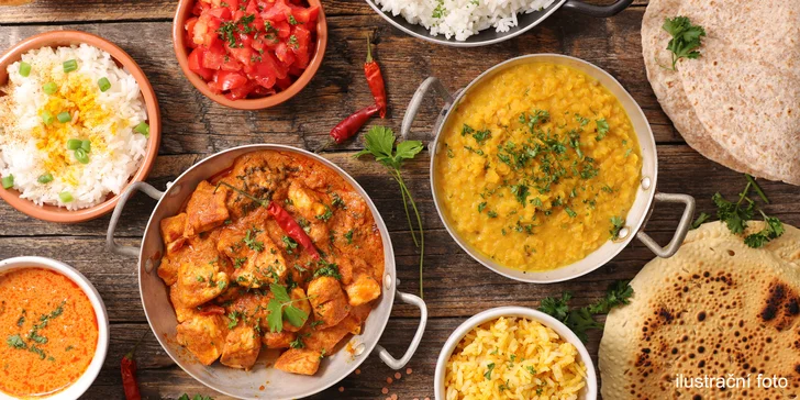 Indické menu Zaika pro dvě osoby: masový i vege hlavní chod dle výběru, předkrm i zmrzlina