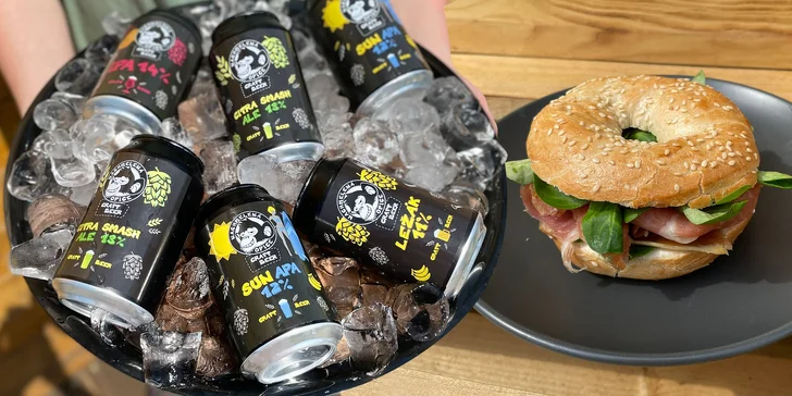Box s dobrotami: lososové či jámon bagely a set 3–6 piv Nachmelená Opice ze skla či plechu