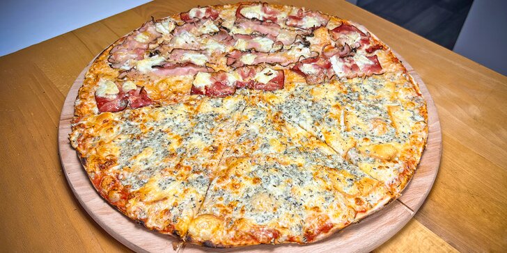 1× pizza dle výběru k odnosu s sebou i ⅙ pizzy na tácku: šunková, tvarůžková, primavera i quattro formaggi
