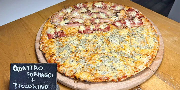 1× pizza dle výběru k odnosu s sebou i ⅙ pizzy na tácku: šunková, tvarůžková, primavera i quattro formaggi