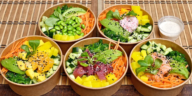 Havajské poke bowl na odnos s sebou: losos, krab, tofu i mango orange, pro 1-2 os.