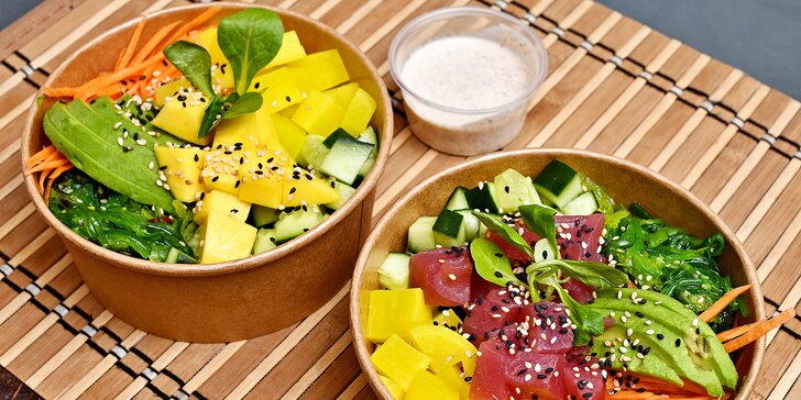 Havajské poke bowl na odnos s sebou: losos, krab, tofu i mango orange, pro 1-2 os.