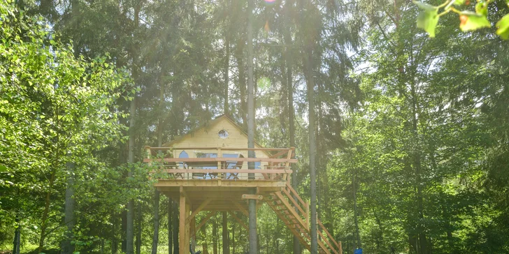 Bydlení v treehousu u lesa nebo rybníku na severu Čech a piknikový koš se snídaní