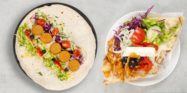 Kebab nebo falafel v chlebu, tortille či boxu s přílohou a tradiční nápoj Ayran