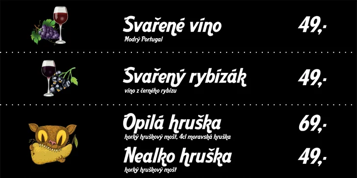 Teplé nápoje na vánočním trhu na Zelňáku: svařák, rybízák, opilá hruška, višeň i nealko