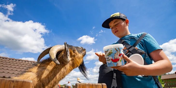 Celodenní vstup do Farmaparku včetně všech atrakcí a kyblík krmení nebo plyšák