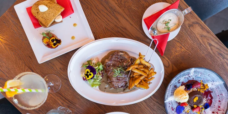 Pětichodové menu v moderní restauraci MB: tatarák, vyzrálý New York steak, fondán a další dobroty