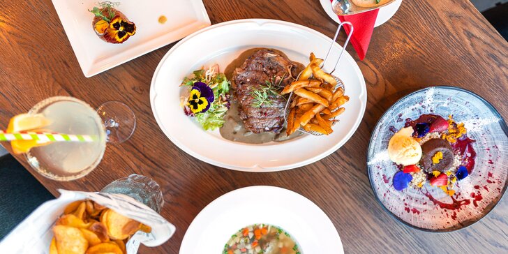 Pětichodové menu v moderní restauraci MB: tatarák, vyzrálý New York steak, fondán a další dobroty