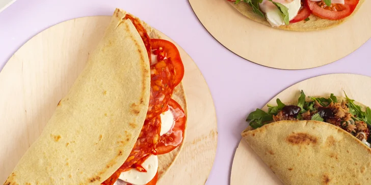 Dvě tradiční italské piadiny dle výběru a dva nápoje na místě nebo s sebou