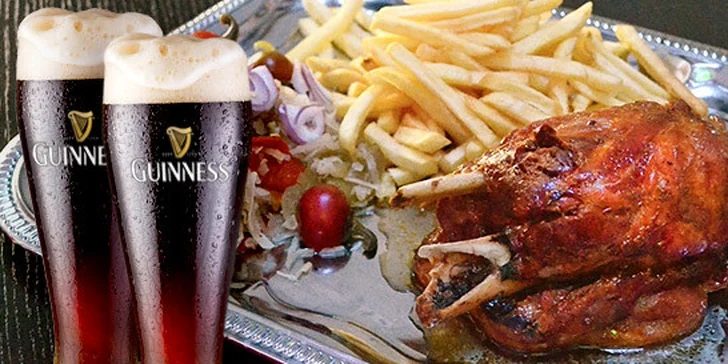 Grilované BBQ špeciality s prílohami a pivo Guiness