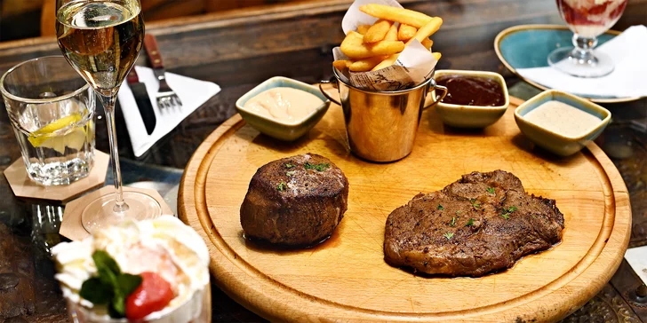 Steakové menu pro dva: maso z vlastního chovu, hranolky, domácí zmrzlina i prosecco