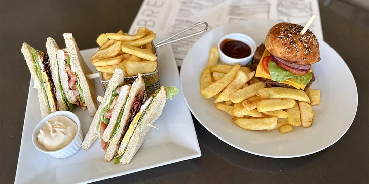 Club sandwich či burger s trhaným hovězím a příloha dle výběru pro 1 i 2 osoby