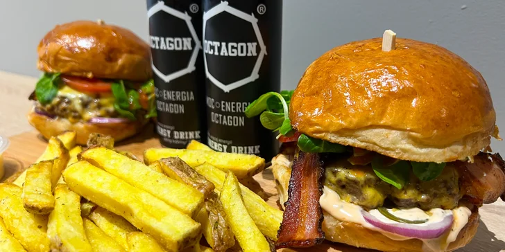 Menu pro jednoho či dva v Krmelíně nebo s rozvozem po okolí: burger i hranolky od Mama's a energy drink