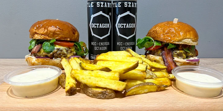 Menu pro jednoho či dva v Krmelíně nebo s rozvozem po okolí: burger i hranolky od Mama's a energy drink