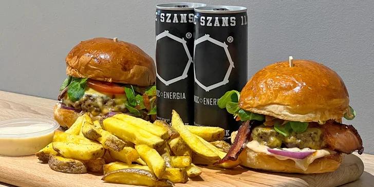 Menu pro jednoho či dva v Krmelíně nebo s rozvozem po okolí: burger i hranolky od Mama's a energy drink