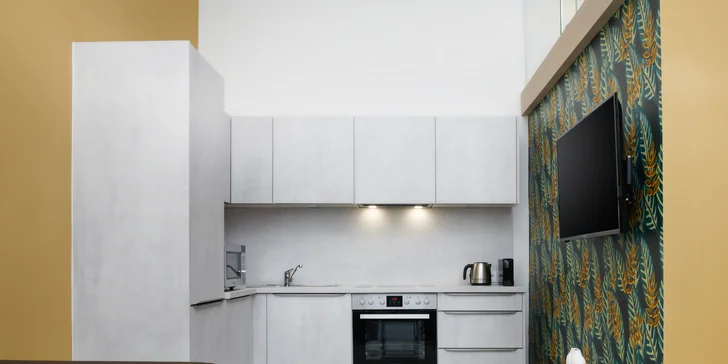 Moderní apartmán v Praze na Václavském nám. pro 2–4 os.: vybavená kuchyň, lahev sektu a 3denní jízdenka na MHD