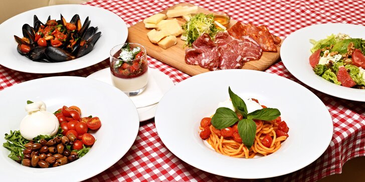 Tříchodové menu pro dva: burrata, pasta, pizza, tiramisú a další delikatesy, lze i s lahví vína